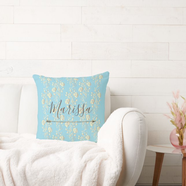 Personalised Elegant Gold Flowers on Blue  Cushion (Couch)
