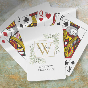 Personalised Elegant Gold Monogram Greenery Playing Cards