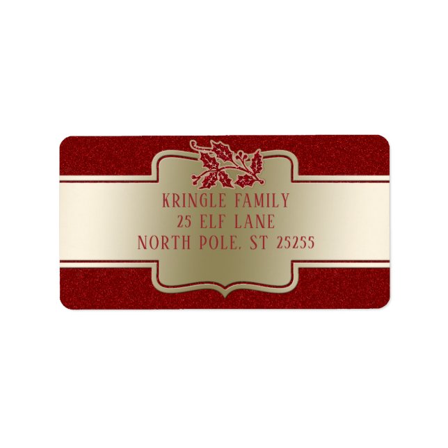 Personalised Elegant Gold Red Christmas Holly Label (Front)