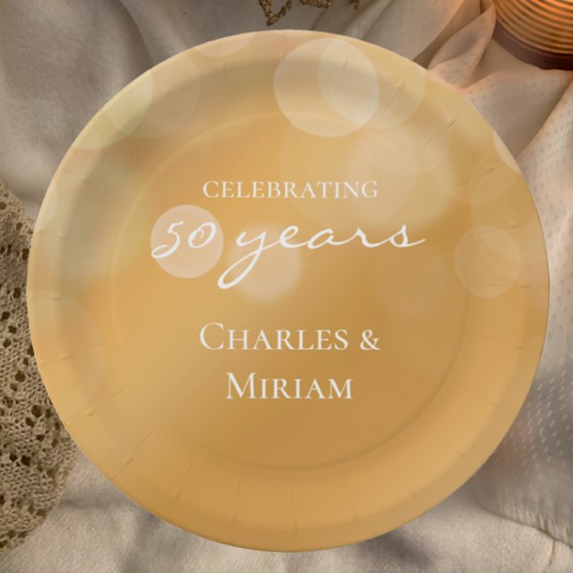 Personalised Elegant Golden 50th Anniversary Party Paper Plate (Personalize with couples names these golden 50th wedding anniversary party paper plates.
)