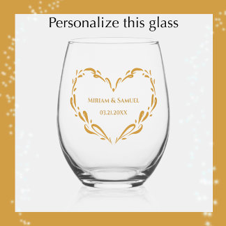 Personalised Elegant Golden Heart Keepsake Wedding Stemless Wine Glass