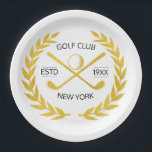 Personalised Elegant Golf Club Gold Wreath    Paper Plate<br><div class="desc">Custom gold club driver head cover in elegant, modern, minimalist, chic design. Personalised golf driver head cover with laurel wreath, two crossed golf clubs, and golf ball. Personalised golf driver head cover with your logo, name, text, year, etc. Elegant gold golf driver head cover personalised gift for golf club, golfer,...</div>
