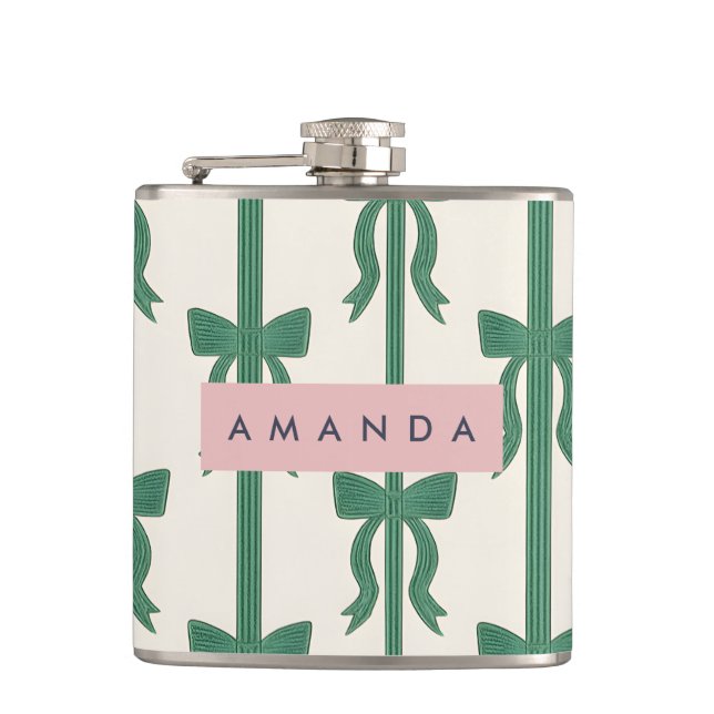 Personalised Elegant Green Ribbon Bow Pattern Hip Flask (Front)
