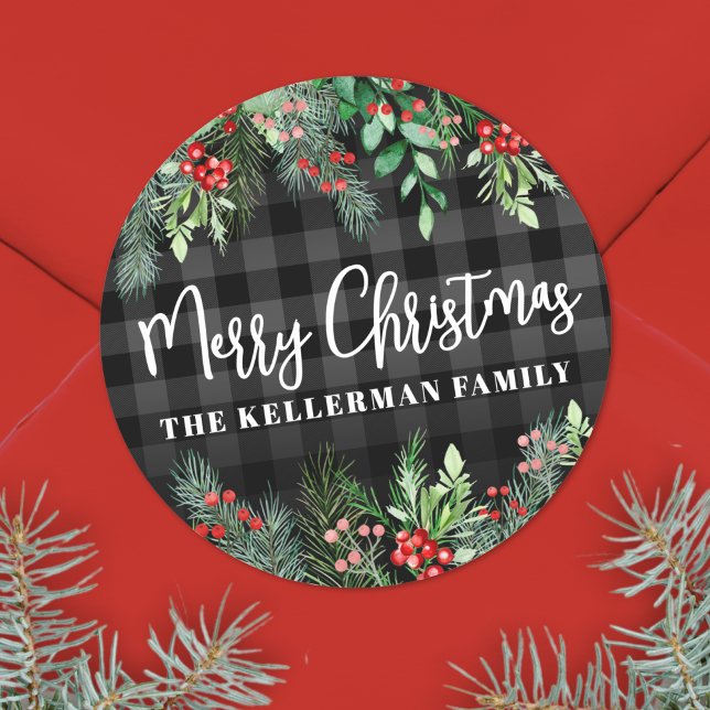 Personalised Elegant Greenery Christmas Classic Round Sticker (Greenery Plaid Merry Christmas Classic Round Sticker )