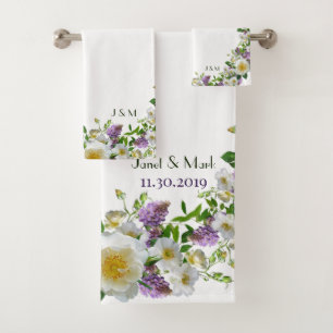 Personalised Elegant Greenery Floral Purple Bath Towel Set