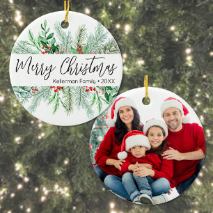 Personalised Elegant Greenery Photo Christmas Ceramic Tree Decoration