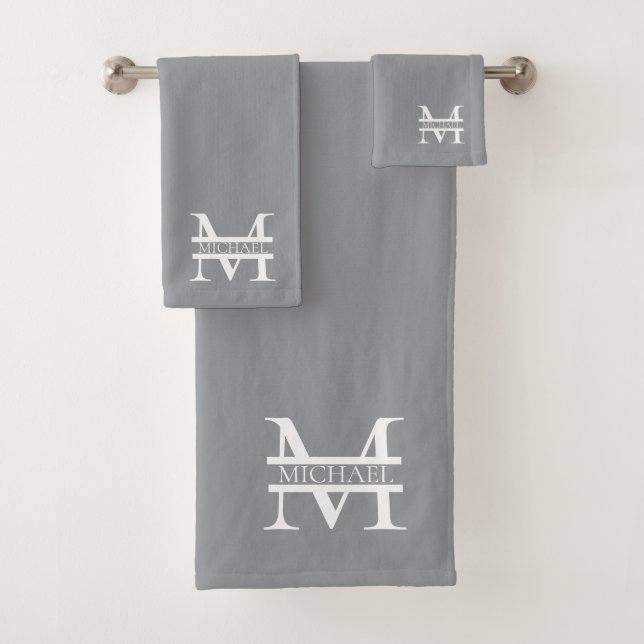 Personalised Elegant Grey Monogram and Name Bath Towel Set (Insitu)