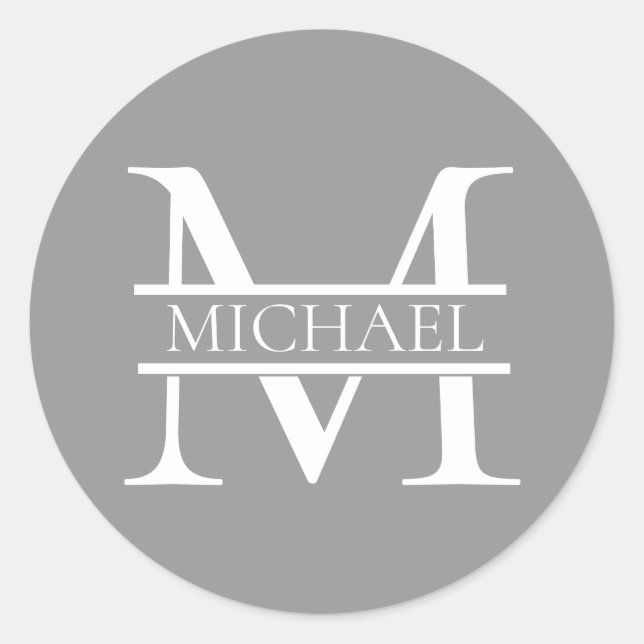 Personalised Elegant Grey Monogram and Name Classic Round Sticker (Front)