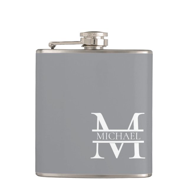 Personalised Elegant Grey Monogram and Name Hip Flask (Front)