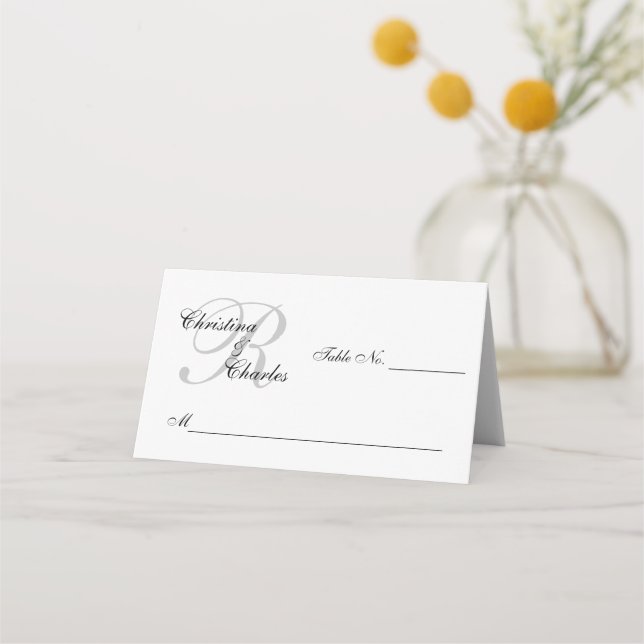 Personalised Elegant Grey Monogram Names Wedding Place Card (Front)