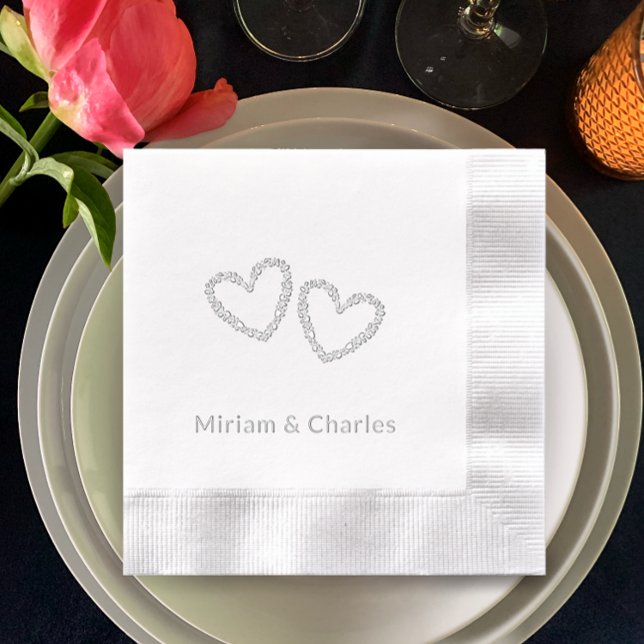Personalised Elegant Heart 25th Anniversary Silver Foil Napkins (Add couple’s names for real foil silver personalized napkins. Simple romantic hearts.
)