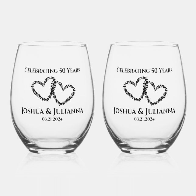 Personalised Elegant Heart 50th Anniversary Gift Stemless Wine Glass (Front)