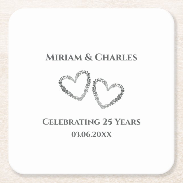 Personalised Elegant Heart Silver 25th Anniversary Square Paper Coaster (Front)