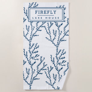 Personalised, Elegant Indigo Blue Coral Pattern  Beach Towel