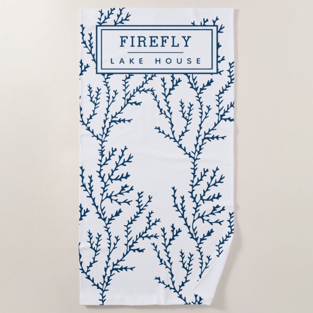 Personalised, Elegant Indigo Blue Coral Pattern  Beach Towel (Front)