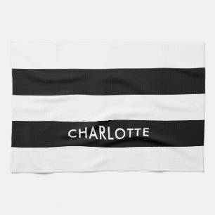 Personalised Elegant Luxury Black and white stripe Tea Towel