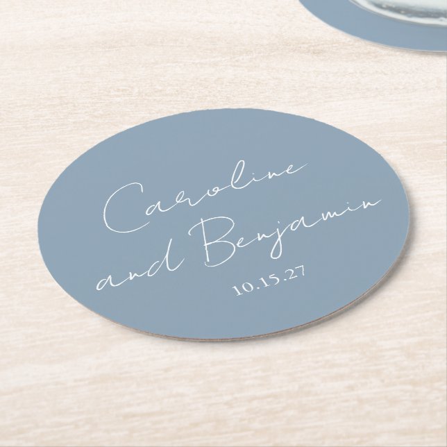 Personalised Elegant Minimalist Wedding Dusty Blue Round Paper Coaster (Angled)