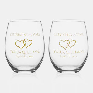 Personalised Elegant Modern 25th Anniversary Gift Stemless Wine Glass