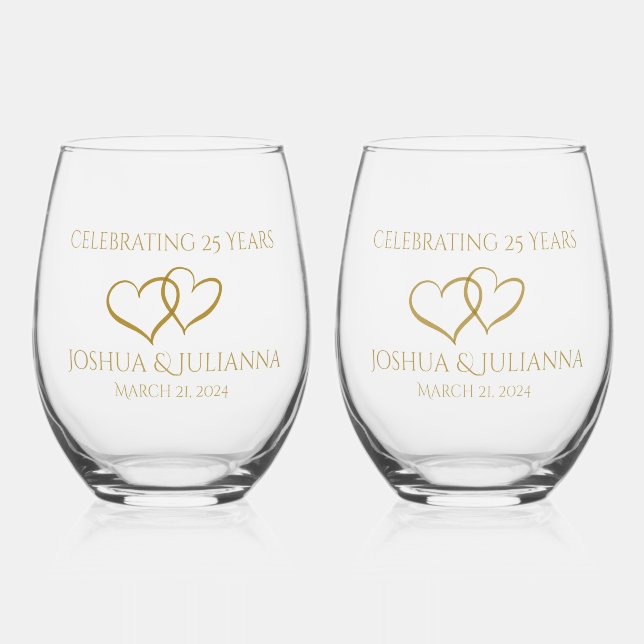 Personalised Elegant Modern 25th Anniversary Gift Stemless Wine Glass (Front)