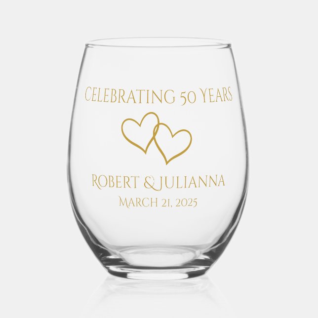 Personalised Elegant Modern 50th Anniversary Gift Stemless Wine Glass (Front)