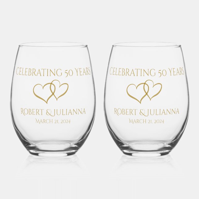 Personalised Elegant Modern 50th Anniversary Gift Stemless Wine Glass (Front)