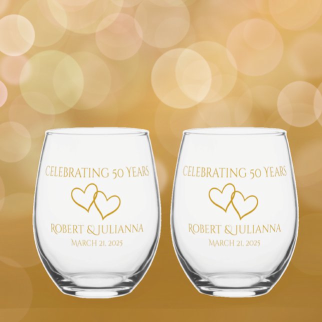 Personalised Elegant Modern 50th Anniversary Gift Stemless Wine Glass (Add couple's names to these 50th wedding anniversary unique elegant golden tan keepsake glasses.)