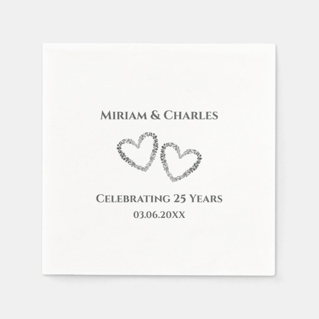 Personalised Elegant Modern Heart 25th Anniversary Napkin (Front)