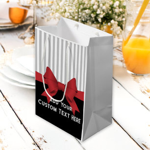 Personalised Elegant Modern Red Ribbon and Stripe Medium Gift Bag