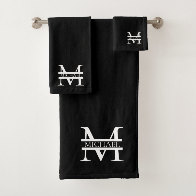 Personalised Elegant Monogram and Name Black Bath Towel Set (Insitu)