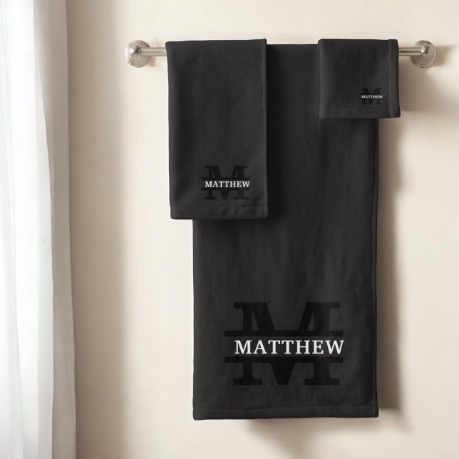 Personalised Elegant Monogram and Name Black Bath Towel Set (Creator Uploaded)