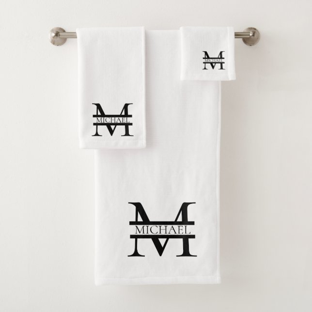 Personalised Elegant Monogram and Name White Bath Towel Set (Insitu)