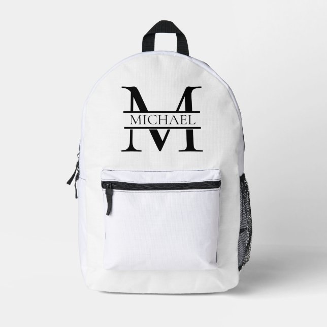 Personalised Elegant Monogram and Name White Printed Backpack (Front)