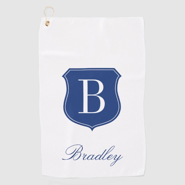 Personalised elegant name monogram blue and white golf towel (Front)
