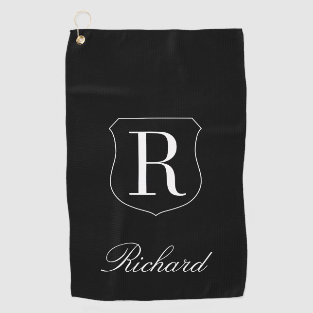 Personalised elegant name monogram logo black golf towel (Front)