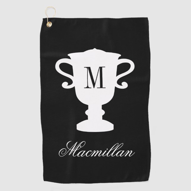 Personalised elegant name monogram trophy cup golf towel (Front)