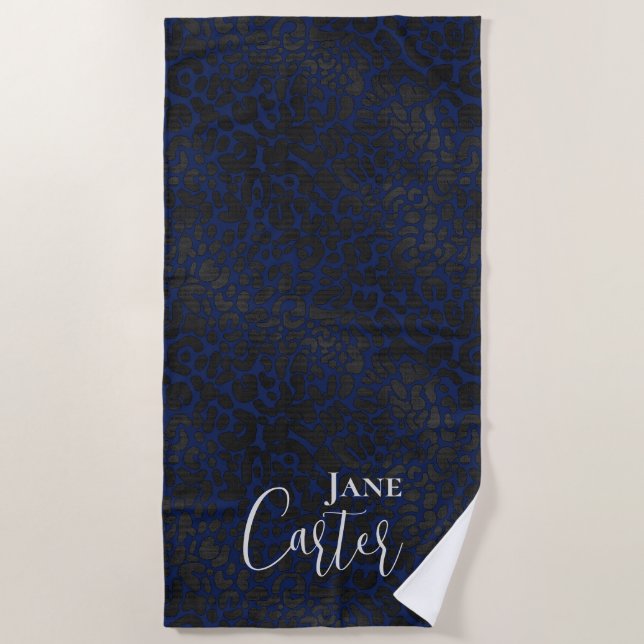 Personalised Elegant Navy Blue Black Leopard Beach Towel (Front)