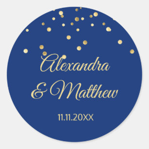 Personalised Elegant Navy Blue Gold Wedding Classic Round Sticker