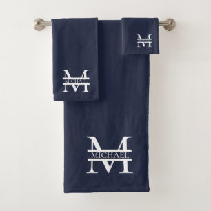 Personalised Elegant Navy Blue Monogram and Name Bath Towel Set