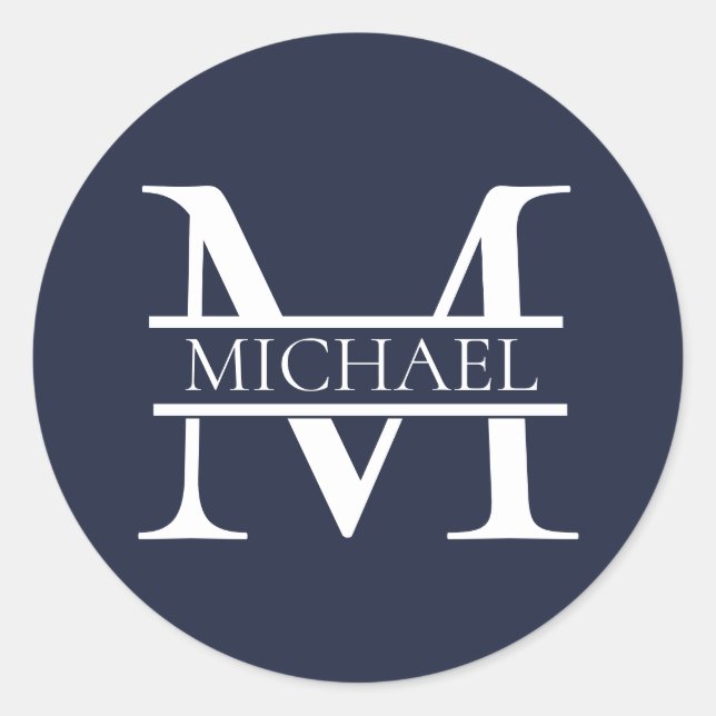 Personalised Elegant Navy Blue Monogram and Name Classic Round Sticker (Front)