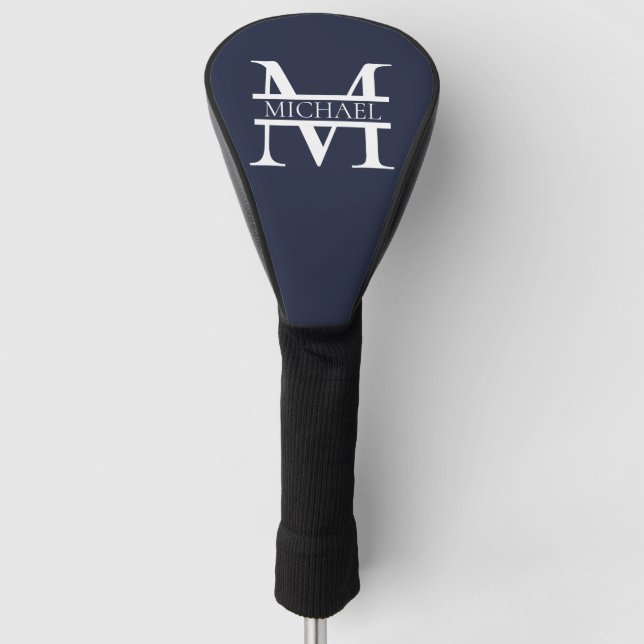 Personalised Elegant Navy Blue Monogram and Name Golf Head Cover (Front)