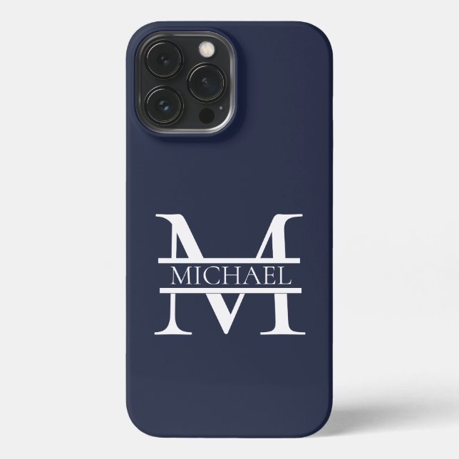 Personalised Elegant Navy Blue Monogram and Name iPhone Case (Back)