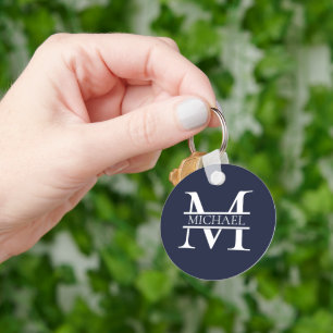 Personalised Elegant Navy Blue Monogram and Name Key Ring