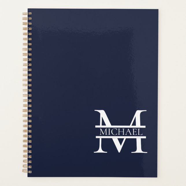 Personalised Elegant Navy Blue Monogram and Name Planner (Front)