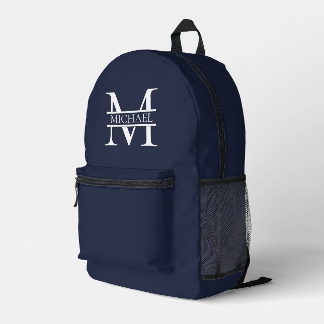 Personalised Elegant Navy Blue Monogram and Name Printed Backpack (Back Corner Right)