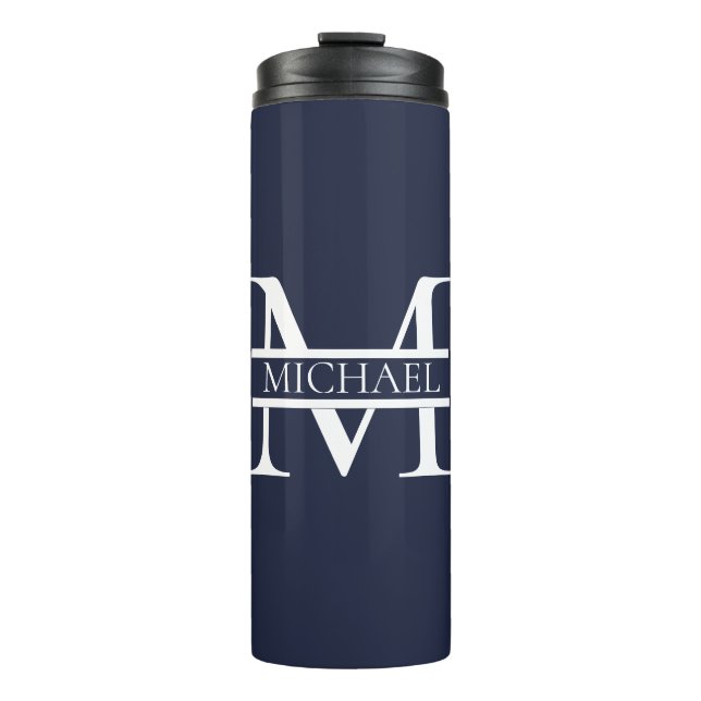 Personalised Elegant Navy Blue Monogram and Name Thermal Tumbler (Front)