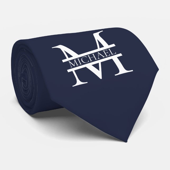 Personalised Elegant Navy Blue Monogram and Name Tie (Rolled)