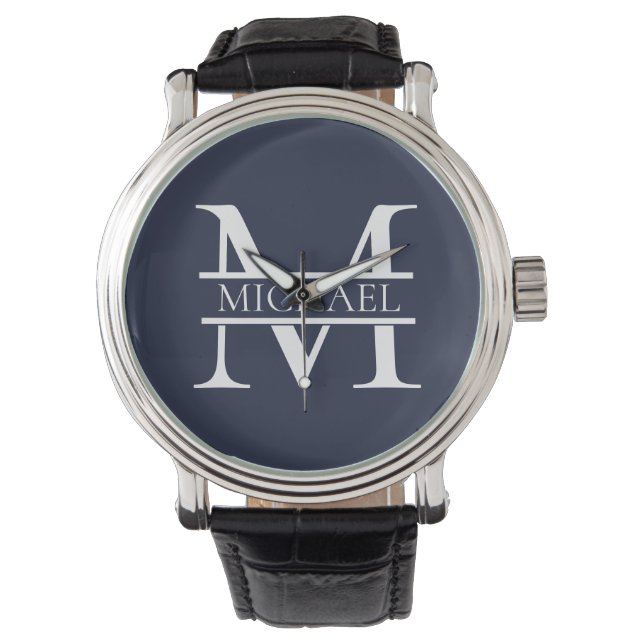 Personalised Elegant Navy Blue Monogram and Name Watch (Front)