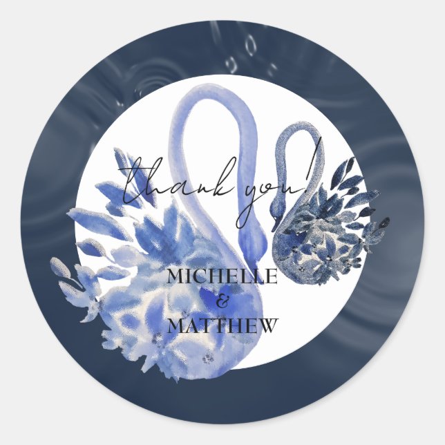 Personalised Elegant Navy Blue Swans Wedding Classic Round Sticker (Front)