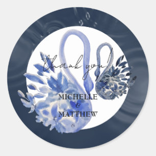 Personalised Elegant Navy Blue Swans Wedding Classic Round Sticker