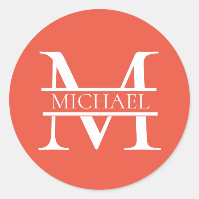 Personalised Elegant Orange Monogram and Name Classic Round Sticker (Front)